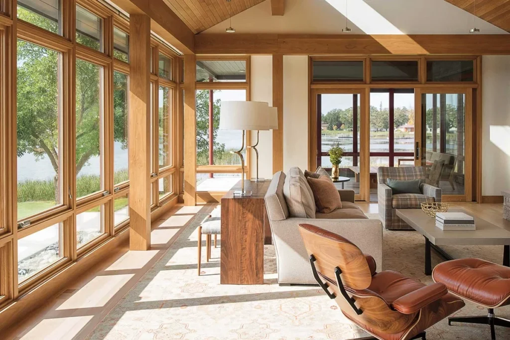 Living room with a wall of marvin windows with a view of a lake in Minneapolis, MN