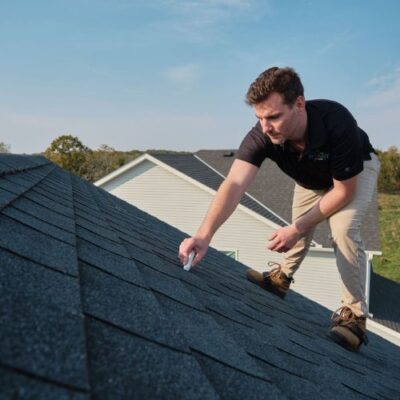 A residential roofing contractor on a ladder on top of a roof in a process of roof inspection for roof repair minneapolis, MN