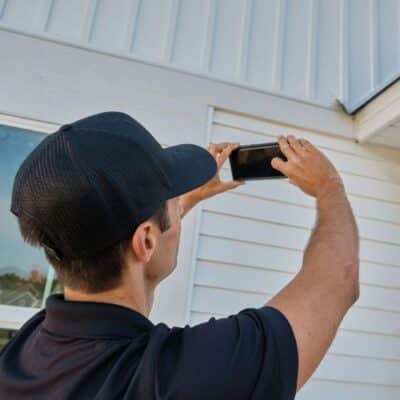 Addison Kaasa holding a movbile phone in a process of roof inspection in Minneapolis, MN