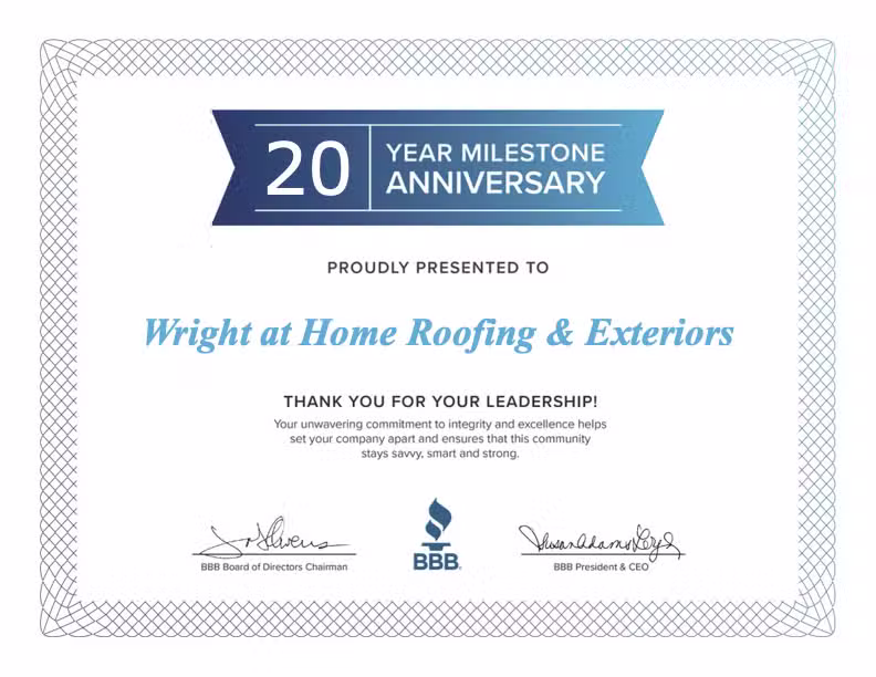 Wright at Home Roofing & Exteriors 20 year anniversary certificate from the BBB in Minneapolis, MN.