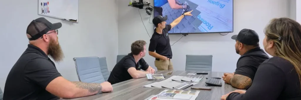 Roofing professionals in a team meeting reviewing roofing installation techniques by Wright at Home Roofing & Exteriors in Minneapolis