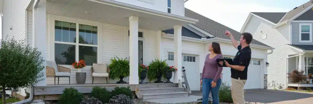 Roofing specialist discusses ice and water shield benefits with Minneapolis homeowner during a professional exterior inspection by Wright at Home Roofing & Exteriors in Minneapolis