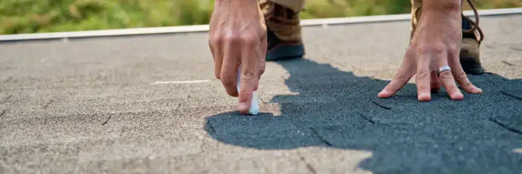 Close-up of a professional inspecting asphalt shingles and marking roof damage during an insurance claim assessment in Minneapolis