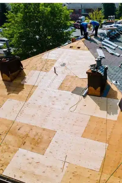 Residential roofing contractor on a roof under repair by Wright at Home Roofing & Exteriors in Minneapolis, MN
