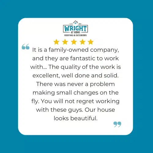 5-star customer review graphic praising new siding, soffits, gutters, and overall service in Minneapolis, MN for roofing company reviews by Wright at Home Roofing & Exteriors 