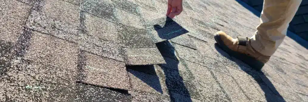 Hail damage roof Minnesota—close-up inspection of asphalt shingles with lifted tabs and chalk marks, person in work boots on Minneapolis roof by Wright at Home Roofing & Exteriors