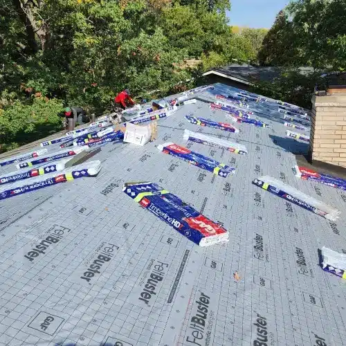 Minneapolis roof with synthetic underlayment and shingle bundles staged for installation by roofing contractor Minnesota, Wright at Home Roofing & Exteriors