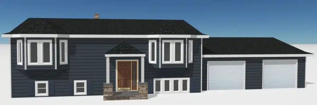 3D rendering of split-level home with dark blue horizontal siding, white trim, attached garage, and stone entry, demonstrating the siding visualizer by Wright at Home Roofing & Exteriors in Minneapolis, MN