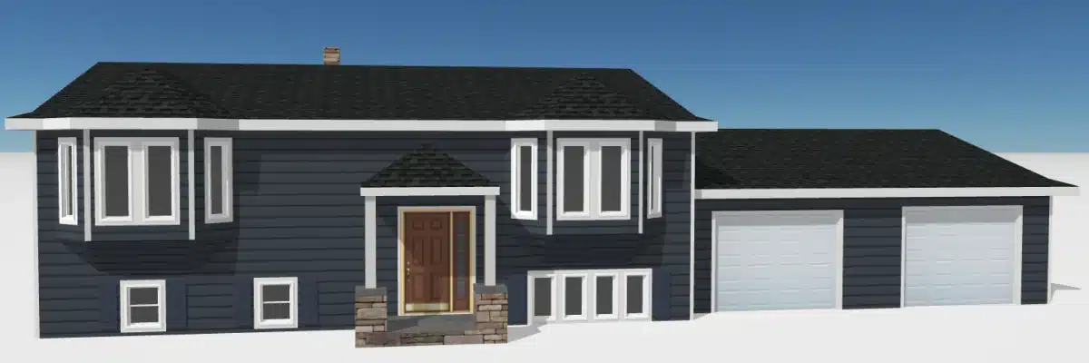 3D rendering of split-level home with dark blue horizontal siding, white trim, attached garage, and stone entry, demonstrating the siding visualizer by Wright at Home Roofing & Exteriors in Minneapolis, MN