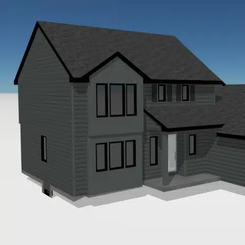 3D rendering of Minneapolis home featuring modern gray horizontal and vertical siding, bold black trim, and asphalt shingle roof, demonstrating siding visualizer options by Wright at Home Roofing & Exteriors in Minneapolis, MN
