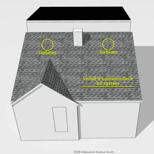 Residential roofing system with turbine vents and Lomanco Deck Air installation by Wright at Home Roofing & Exteriors in St. Louis Park, MN.