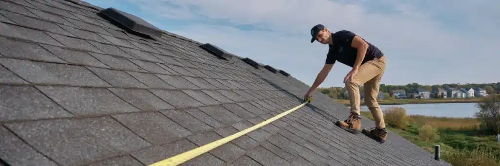 Roofing specialist measuring shingles for James Hardie vs vinyl siding project by Wright at Home Roofing & Exteriors in MN