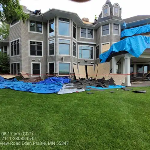 Roof teardown process during Eden Prairie replacement by Wright at Home Roofing & Exteriors in MN