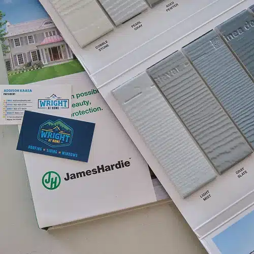 James Hardie siding sample boards and Wright at Home branding materials by Wright at Home Roofing & Exteriors in MN