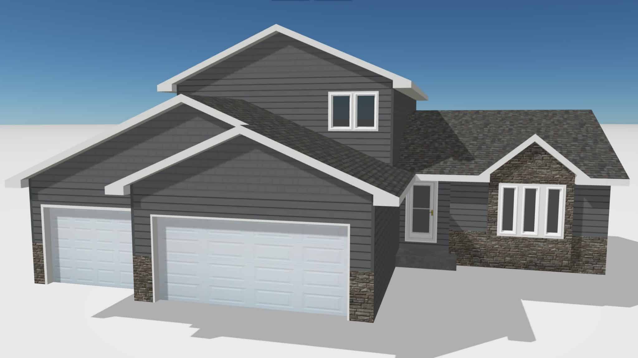3D architectural rendering of a gray siding and stone facade exterior remodel Blaine MN by Wright at Home